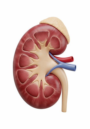 A detailed illustration of a human kidney showcasing its internal structure and anatomyの写真素材