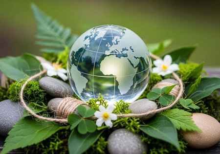 A crystal globe surrounded by lush greenery and stones in a natural setting symbolizing...