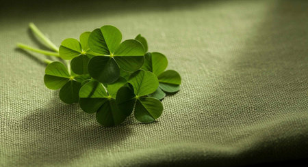 A bunch of fresh green clover leaves on a textured fabric surface with natural light