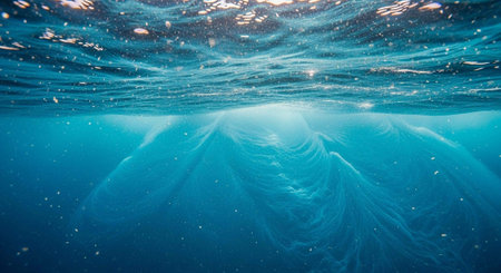 A serene underwater scene with sunlight filtering through the ocean waves and water particles