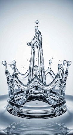 A clear water crown splash with droplets on a white background, symbolizing luxury and freshnessの写真素材