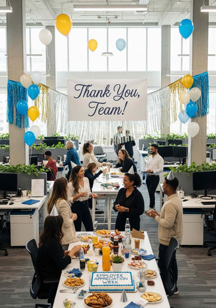 A group of happy colleagues celebrating Employee Appreciation Week in a modern office with balloons...
