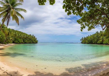 A serene tropical beach with palm trees and crystal clear turquoise water under a cloudy skyの写真素材