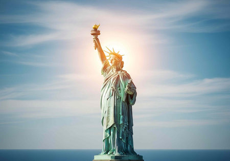 The iconic Statue of Liberty stands tall against a serene blue sky with wispy clouds and ocean in the background.の写真素材