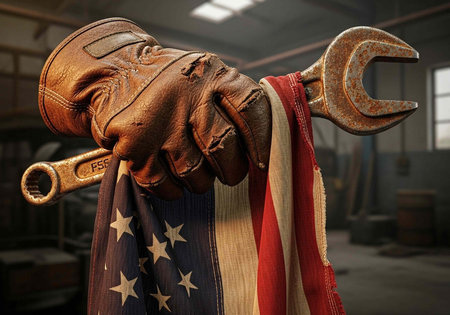 A gloved hand holds a wrench with an American flag in a workshop setting.