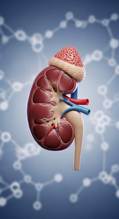 A detailed illustration of a human kidney with a molecular structure background for medical or educational purposesの写真素材