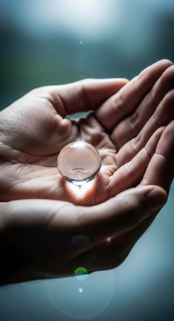A person holding a small crystal ball in their cupped hands with a blurred background and soft...