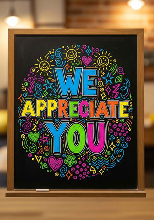 A colorful chalkboard sign with a heartfelt message of appreciation in a blurred background setting.