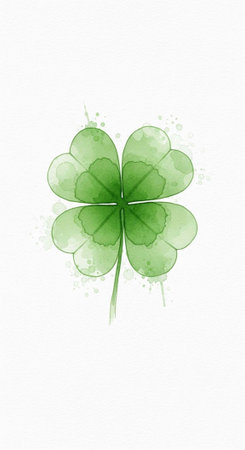 A vibrant green four-leaf clover with watercolor texture on a white background for St. Patrick's Day