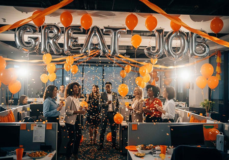 A group of colleagues celebrating a success in a modern office with balloons and confetti