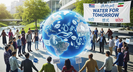 A diverse group of people holding hands around a large blue globe with a banner reading Water For...