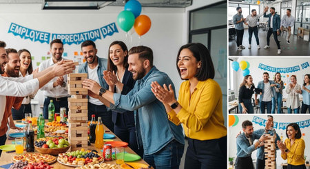 A group of happy colleagues celebrating Employee Appreciation Day with food and games in a modern...