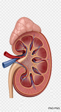 A detailed illustration of a human kidney showcasing its internal structure and anatomy for medical or educational purposesの写真素材
