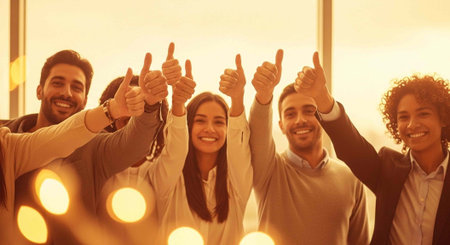 A group of diverse business colleagues giving thumbs up in a modern office setting with warm...