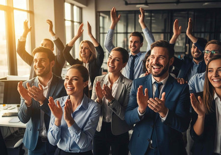 A group of happy businesspeople celebrating success in a modern office with natural light