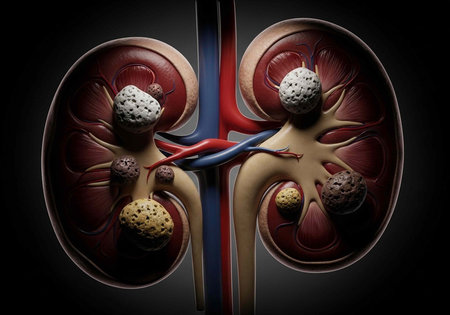 An illustration of human kidneys with cysts and tumors, highlighting a medical condition for...