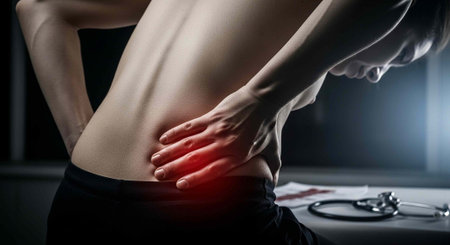 A person experiencing back pain in a medical setting with a doctor nearby