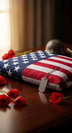 A folded American flag with dog tags and poppies on a wooden table in a solemn memorial setting