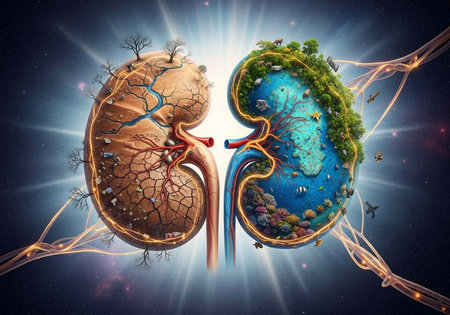 A creative illustration of a kidney and earth highlighting health and environmental connectionの写真素材