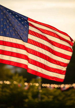 The American flag waving in the wind with a blurred background of trees and lights