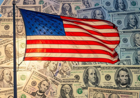 The American flag waving proudly in front of a background of US dollar bills and financial wealth.