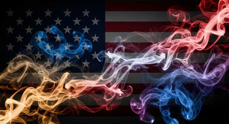 A vibrant and dramatic representation of the American flag with colorful smoke effects in the backgroundの写真素材