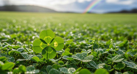 A lush green field with a single four-leaf clover standing out under a vibrant rainbow in the skyの写真素材