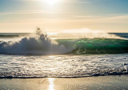 A serene ocean wave crashes onto the sandy beach at sunset with a clear blue skyの写真素材