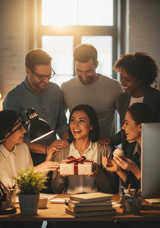 A group of happy colleagues celebrating a birthday in a modern office with gifts and smilesの写真素材