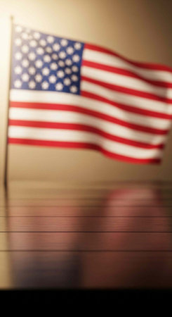 A blurred American flag waving in the wind on a wooden surface with a beige background