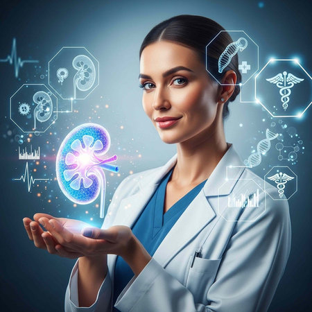 A female doctor in a white lab coat holding a glowing kidney with medical icons surrounding her.
