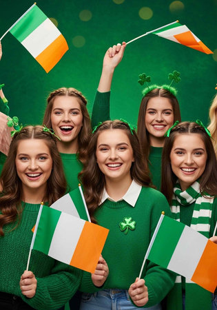 A group of young women celebrating St. Patrick's Day with Irish flags and green attire