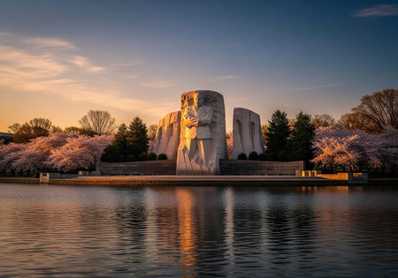 The Martin Luther King Jr Memorial in Washington DC during a serene sunrise with blooming cherry...