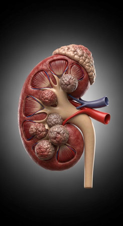 A medical illustration of a human kidney with cysts and tumors, showing its internal structure and...