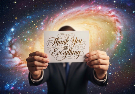 A man in a suit holds a thank you card in front of a colorful galaxy backgroundの写真素材