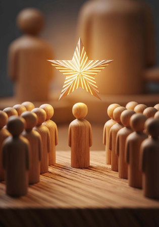 A glowing star shines above a unique wooden figure in a crowd of people