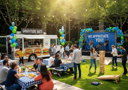 A group of people enjoying a casual outdoor celebration with food trucks and games