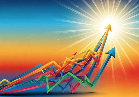 A vibrant illustration of colorful arrows pointing upwards, symbolizing growth and success in a business context.の写真素材