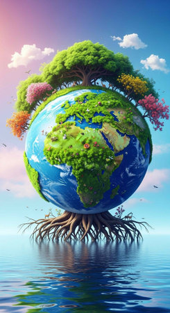 A vibrant illustration of the Earth with lush greenery and roots growing in water, symbolizing...