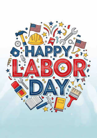 A colorful illustration celebrating Labor Day with various tools and American flagsの写真素材