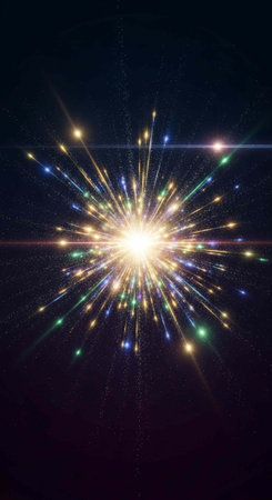 A vibrant and colorful explosion of light in a dark space with bright rays and sparks flying everywhereの写真素材