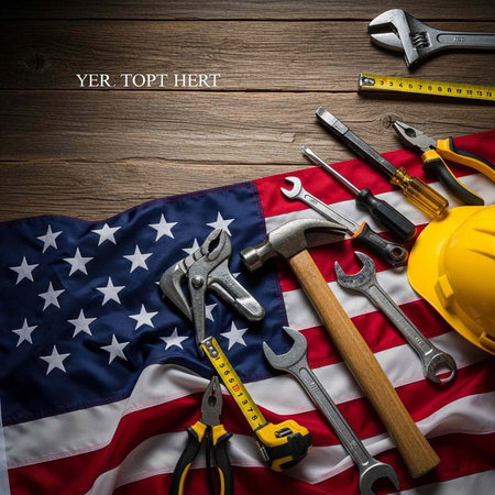 A collection of construction tools and a hard hat on an American flag