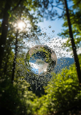 A serene forest scene with a burst of water droplets in the air, reflecting sunlight and trees.