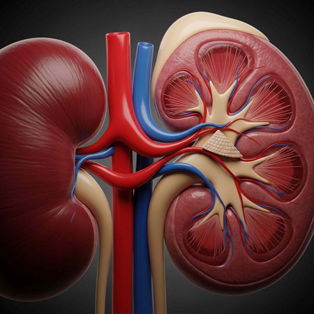 A detailed illustration of the human kidney anatomy with blood vessels and urinary systemの写真素材
