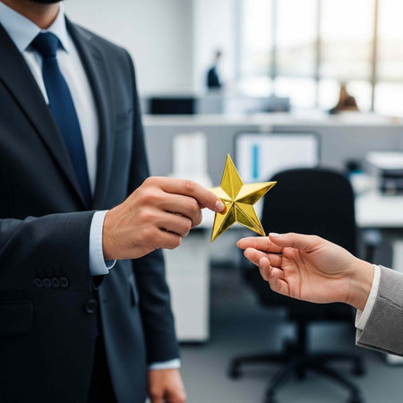 A businessman receiving a gold star rating from a colleague in a modern office setting
