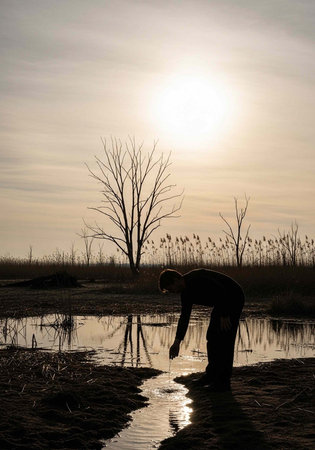 A man bends over to touch water in a serene natural landscape at sunset
