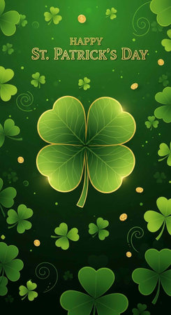 A vibrant St. Patrick's Day graphic featuring a large four-leaf clover surrounded by smaller clovers...