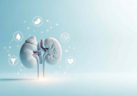 A medical illustration of human kidneys with health icons for healthcare and wellness concepts