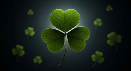 A vibrant green four-leaf clover glows brightly against a dark background with several smaller...