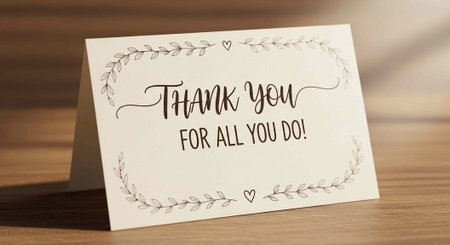 A thank you card with a floral design on a wooden table in a warm and cozy atmosphere